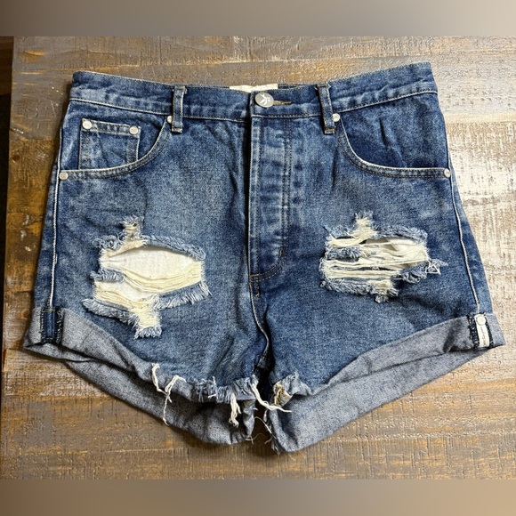 One Teaspoon Blue Distressed Jean Shorts - Picture 1 of 9